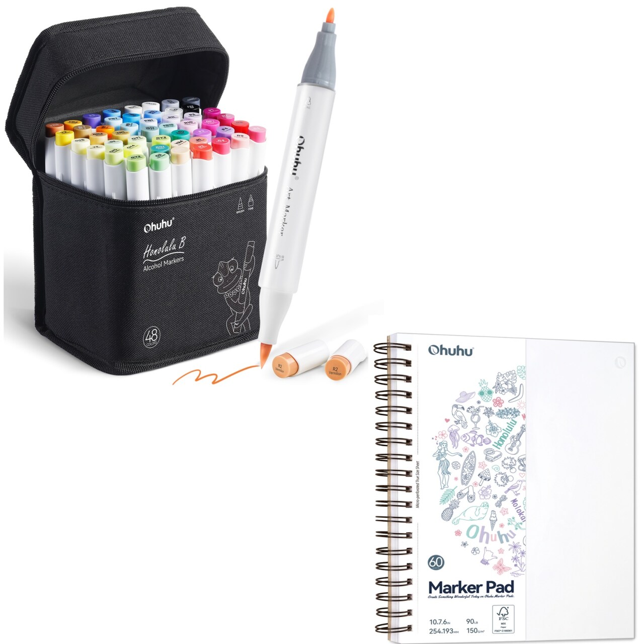 Ohuhu Honolulu B 48 Colors Alcohol Markers + 7.6" x 10" Double-Sided Bleedproof Marker Pad